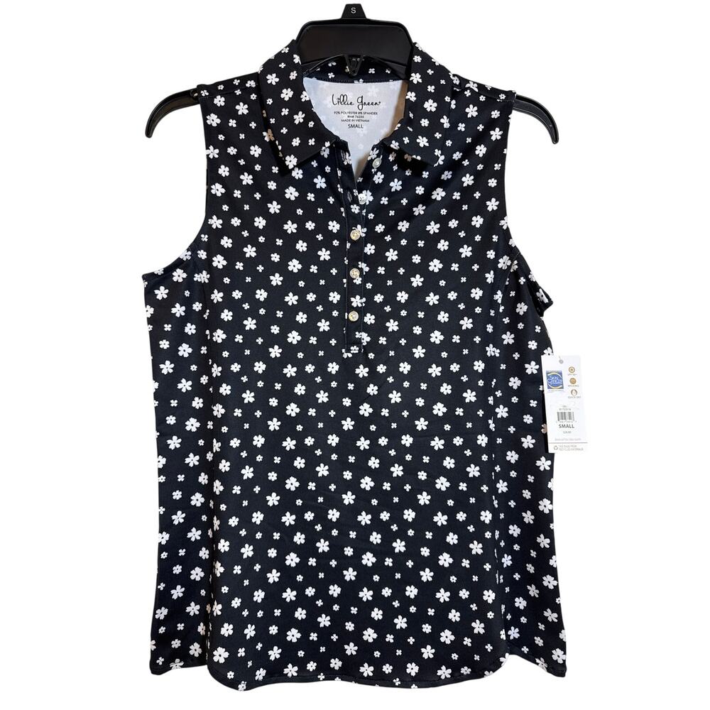 Lillie Green Small Sleeveless Print Polo Shirt Black White Flowers Scalloped Hem